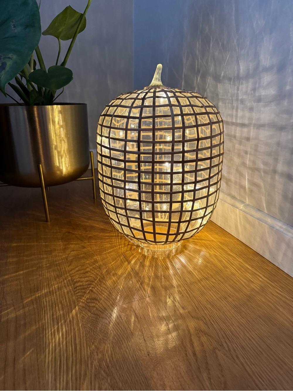 Pottery Barn Recycled Glass Pumpkin with Natural Rattan Cage
